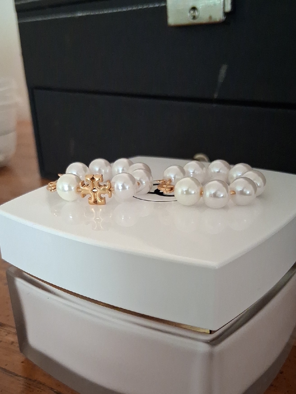 Tory Burch Gold Logo Pearl Hoop Earrings